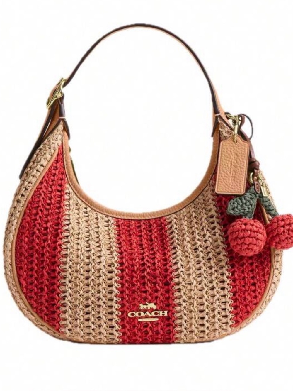 NWT Coach Emily Shoulder Bag in Woven Straw Striped Gold/Red/Tan